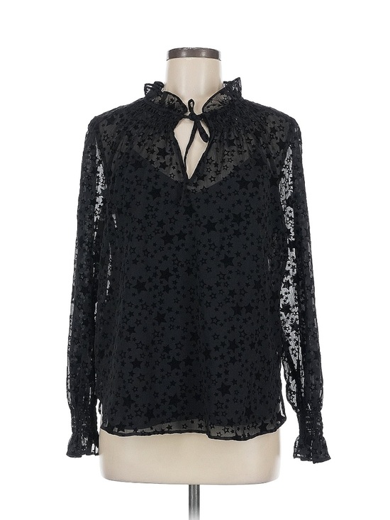 LOFT Tops - LOFT Black Star-Print Sheer Ruffle Tie-Neck Blouse